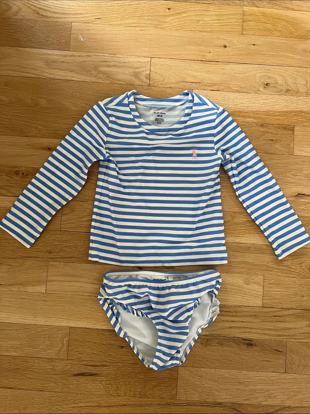 Ralph Lauren Blue & White Striped Long-Sleeve Baby Rashguard Set - Size: 18M